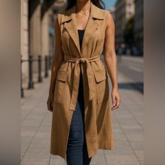 Solitaire Jackets & Blazers - Faux Suede Long Trench Vest Camel Tan Womens Size M Boho Chic‎ Modern Western